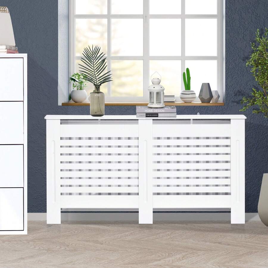 HOMCOM Radiator Cover, Modern MDF White Painted Cabinet With Horizontal Slats For Living Room, Bedroom, 152L X 19W X 81H Cm - White - View 1