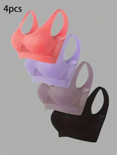 4 قطع حمالات صدر رياضية للنساء، تصميم ضغط لأعلى، لياقة بدنية وجري وبناطيل يوغا، حمالات صدر شبكية مفرغة، ملابس رياضية للنساء