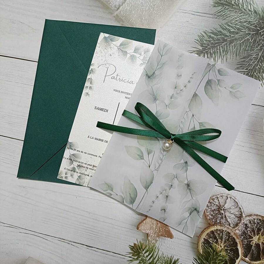 10 Sets de tarjetas de invitación de boda semitraslúcida de vellum con hoja en blanco, perla falsa, pedrería y sobre, perfecto para Navidad - Multicolor - Ver 1