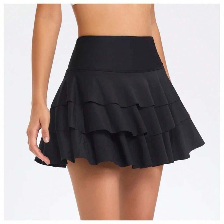 Falda Amplia a Capas Tipo Campana De Talle Alto - Negro - Ver 1