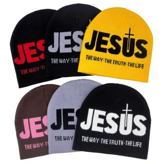 1pc Unisex Multicolor Jesus Letter Y2k Style Knit Beanie Hat For Winter Sports And Streetwear, Daily Use