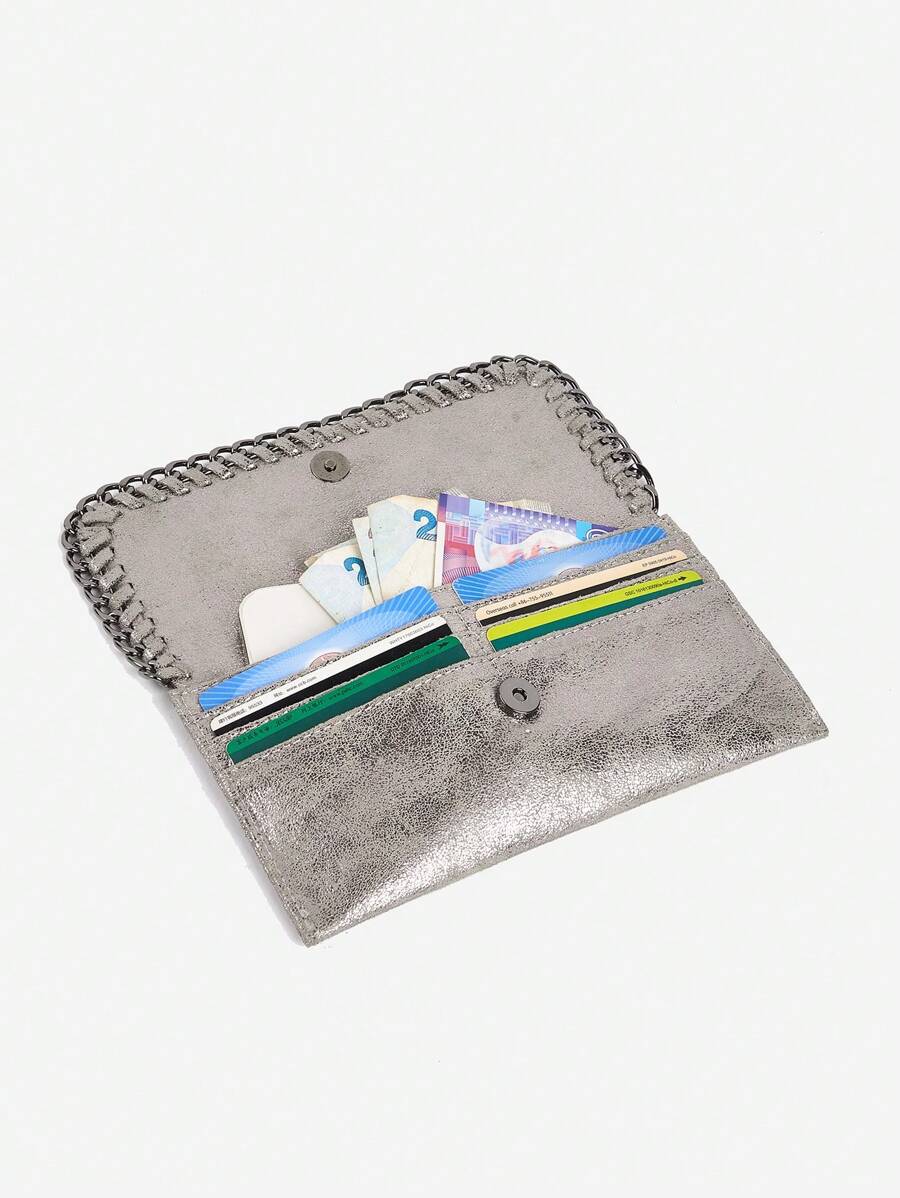 Y2K Style Flap Card Holder Long Wallet With Chain Strap, Handheld Phone Bag For Women, Suitable For Party, Gathering, Shopping - Grey - View 1