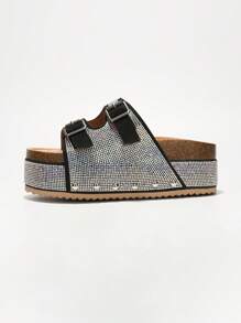 Women's  Rhinestone Buckled Flatform Sandals - Platform Round Toe Slip On High Heel For Friday Nights - 銀色 - 查看 4