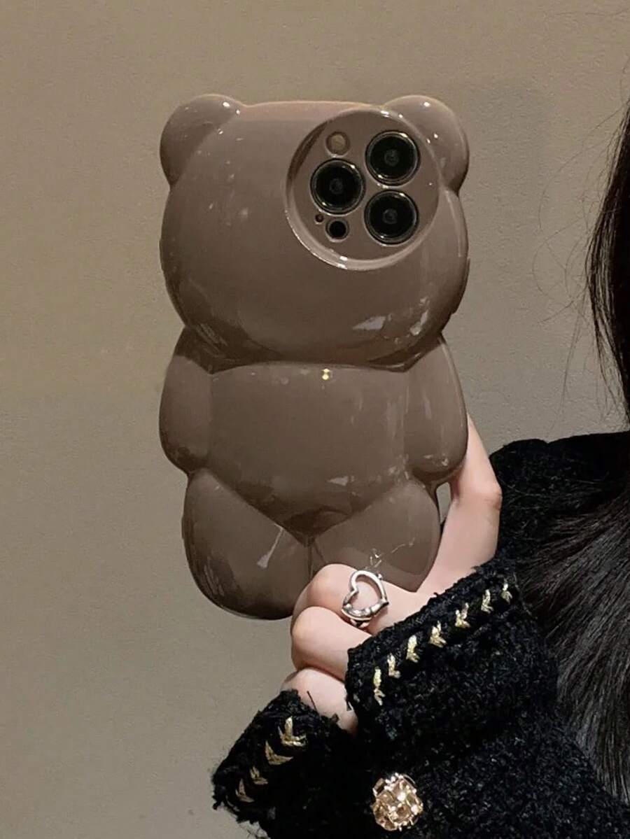 Vỏ điện thoại silicon thiết kế hình gấu 3d màu trơn đơn giản nguyên bản tương thích với iPhone 13/14promax/Mới 12/11/14plus, với khả năng bảo vệ chống rơi cao cấp - màu nâu - Xem 1