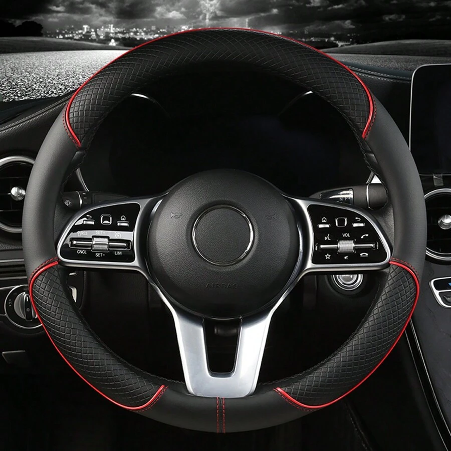 1pc PU Spliced Car Steering Wheel Cover Non-Slip Wear Resistant Suitable For All Seasons Fits 14.5-15in Diameter