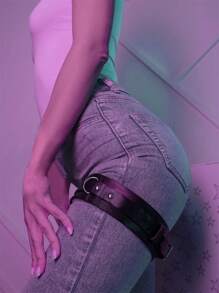 1 对女士性感 PU 皮革吊袜带，哥特式装饰吊带，大腿绑带束缚内衣长袜腰带万圣节 - 黑色 - 查看 3