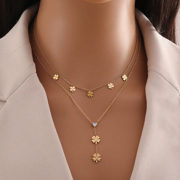 Freegrow 1 pièce Collier à double couche en acier inoxydable avec design floral, convient pour le port quotidien des femmes et la Saint-Valentin