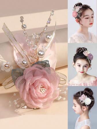 1入組女孩水晶&人造珍珠花型髮夾,適用於婚禮季節,伴娘&新娘配飾,派對裝飾