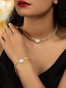 1 Set Elegant Pearl Heart Necklace And Bracelet, Fashionable European And American Style - Yellow Gold - View 2