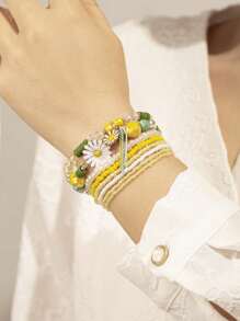 8 Piezas/set De Pulseras Con Dijes De Flores De Margarita Con Cuentas De Cristal Y Vidrio Con Tono Dorado