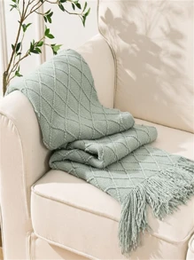 1pc Sage Green Light Weight Knitted Throw Blanket, Suitable For Sofa, Bohemian Home Decor, Couch Living Room, 50" X 60"