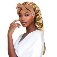 1入女士純色長筒睡眠帽美容化妝頭巾帽，伸縮彈性帶寬邊淋浴帽，特殊用途絲綢襪帽，緞帶蝴蝶結 - 卡其色 - 查看 2