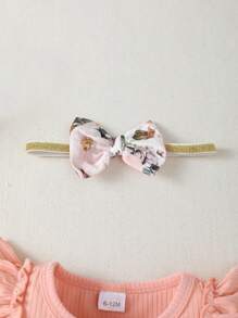 Conjunto de body de manga corta acanalado para bebé niña y shorts de flores - Rosa - Ver 7