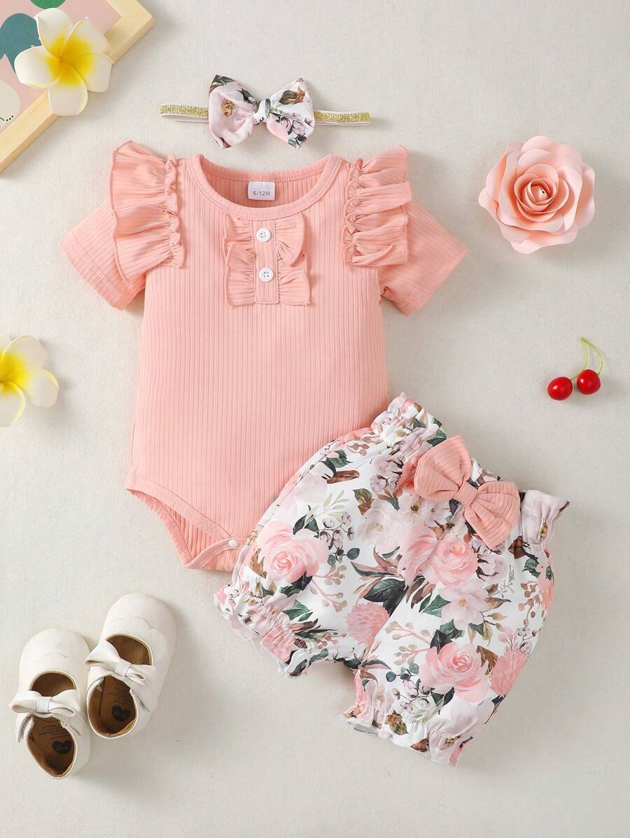 Conjunto de body de manga corta acanalado para bebé niña y shorts de flores - Rosa - Ver 1
