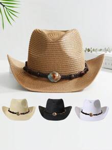 1pc Unisex Cattle Head & Belt Decor Boho Cowgirl Hat Cowboy Hat Visor Straw Hat Beach Hat For Outdoor - Multicolor 3 - View 8