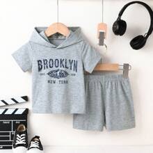 Baby Boy Letter Printed Short Sleeve Hoodie And Shorts Set - Grey - View 1