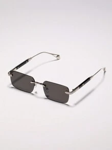 1pc Men's Rimless Travel Sunglasses With Heart Patterned Metal Leg, Luxury Driving Eyewear With Accessories For Fashionable Look (Comes With Glasses Box And Glasses Chain) Elegant Sunglasses Sun Glasses Beach Accessories Sun Glasses Sunglasses Shades For Summer Beach Vacation,Outdoor,Travel - 銀框灰色鏡片 - 查看 4