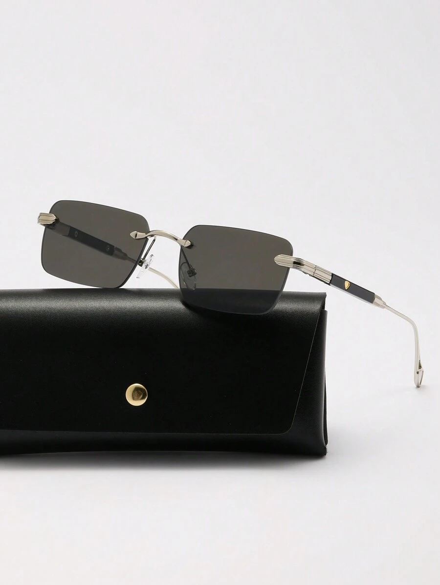 1pc Men's Rimless Travel Sunglasses With Heart Patterned Metal Leg, Luxury Driving Eyewear With Accessories For Fashionable Look (Comes With Glasses Box And Glasses Chain) Elegant Sunglasses Sun Glasses Beach Accessories Sun Glasses Sunglasses Shades For Summer Beach Vacation,Outdoor,Travel - 銀框灰色鏡片 - 查看 1