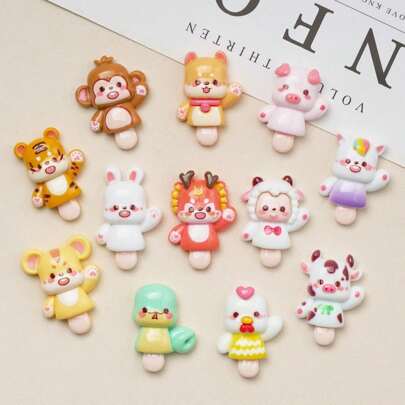 10pcs Mixed Cartoon Animal Popsicle DIY Accessories, Suitable For Earrings, Hair Clips, Stationery, Phone Cases, Keychains, Cups, Hollow Out Clogs, Decorative Stickers