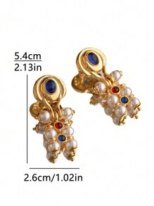 1對西歐時尚復古宮廷優雅幾何設計鍍金藍紅仿石金屬珠子假珍珠耳環,適合日常場合和節日穿戴,母親節禮物,最好的朋友珠寶 - 耳環 - 查看 6