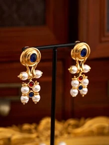 1對西歐時尚復古宮廷優雅幾何設計鍍金藍紅仿石金屬珠子假珍珠耳環,適合日常場合和節日穿戴,母親節禮物,最好的朋友珠寶 - 耳環 - 查看 3