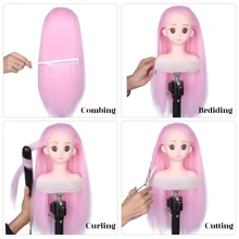 帶毛的模特頭,16英寸發型造型訓練頭,美容娃娃頭,合成纖維頭發,髮型設計,訓練模型頭 - 粉色 - 查看 8