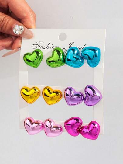 1 Set Of 6 Pairs Fashionable Acrylic Metallic Geometric Heart Stud Earrings Set, Suitable For Women's Daily And Festival Wear, Gift