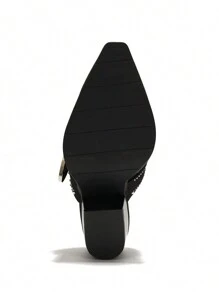 Women's  Rhinestone And Buckle Decor Denim Pointed Heel - Single Pointy Toe Denim Slip On High Heel For Festival Shoes - màu đen - Xem 7