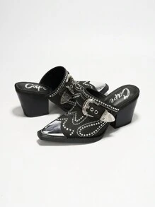 Women's  Rhinestone And Buckle Decor Denim Pointed Heel - Single Pointy Toe Denim Slip On High Heel For Festival Shoes - màu đen - Xem 6