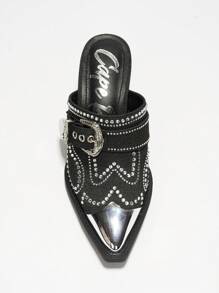 Women's  Rhinestone And Buckle Decor Denim Pointed Heel - Single Pointy Toe Denim Slip On High Heel For Festival Shoes - màu đen - Xem 4