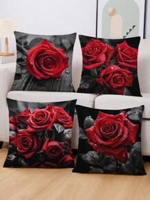 4pcs Modern Style Rose Pattern Pillow Covers, Velvet Fabric Printing Pillowcase For Sofa, Bedroom Home Decor Without Filling - Red - View 7