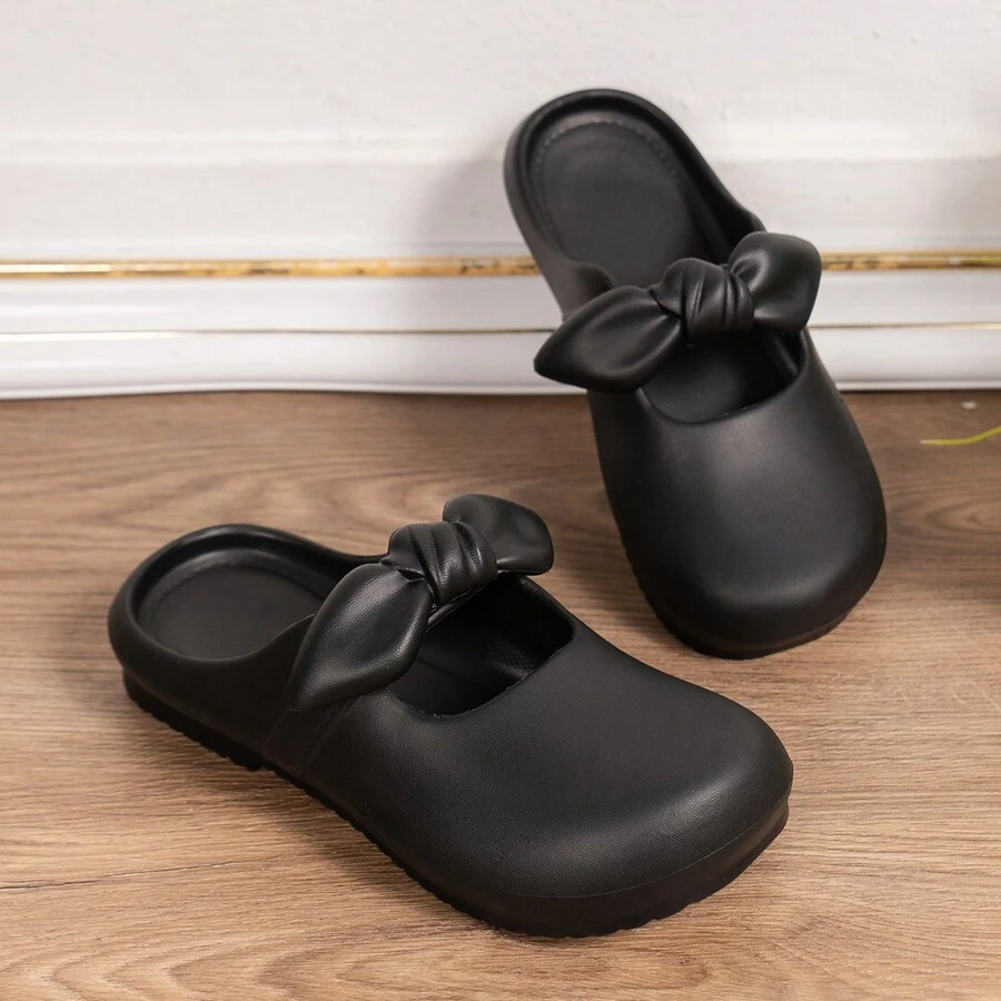 女士塑料扁平涼鞋,柔軟鞋底,透氣中空設計,防滑厚底,可愛家居室內鞋 - 黑色 - 查看 1