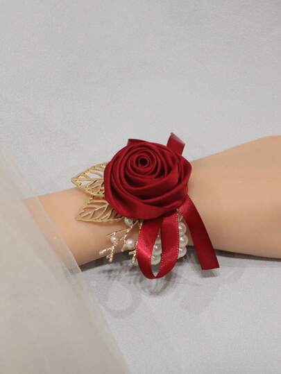 1pc Bridal Chinese Style Red Faux Pearl Stretch Bracelet Wrist Corsage Deep Red Rose Wrist Flower Bridesmaid Sisters Wedding Accessories Halloween Valentine's Day