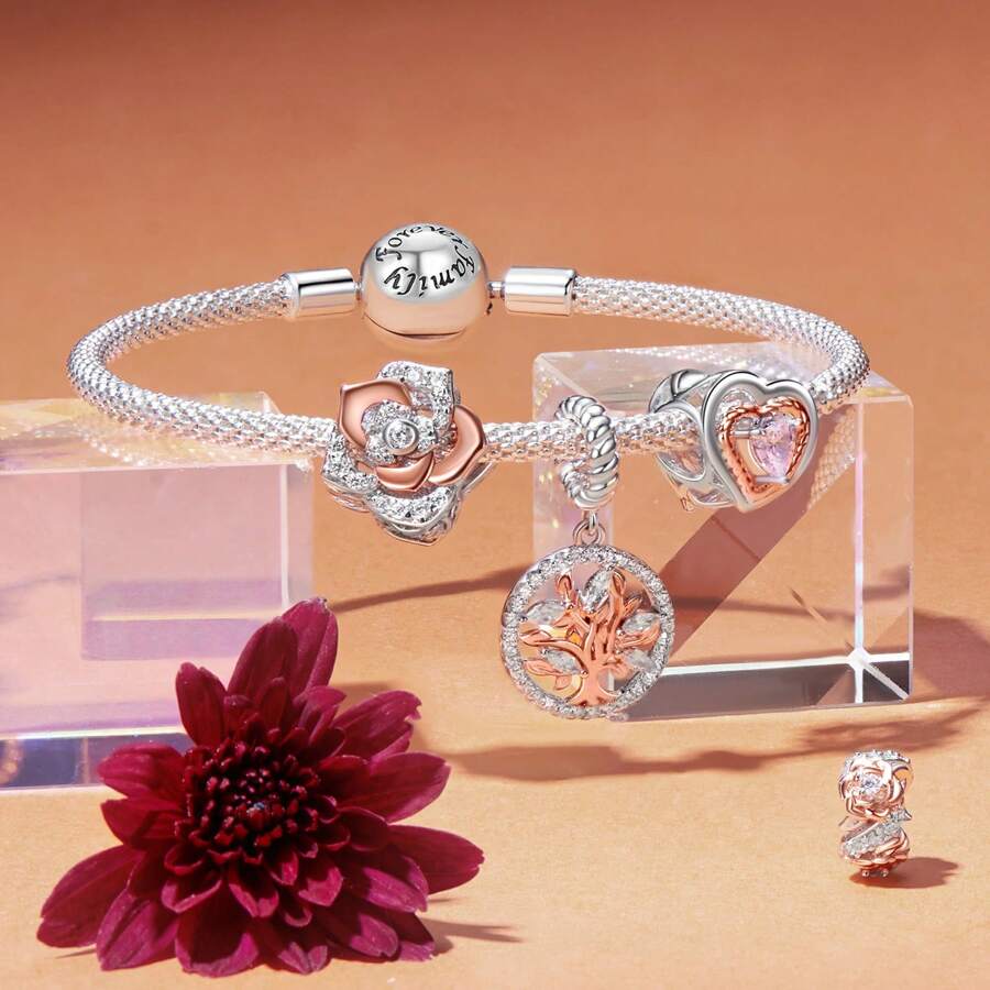 WOSTU 1入組925純銀母親節永恆的愛玫瑰花迷你樹頭戴珠串珠奢華玫瑰金系列,適用於女性diy手鍊和項鍊的禮物 - 玫瑰金 - 查看 1