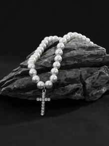 1 件时尚朋克简约十字形吊坠配珍珠项链，适合男士，适合日常佩戴或赠送朋友 - 白色 - 查看 4