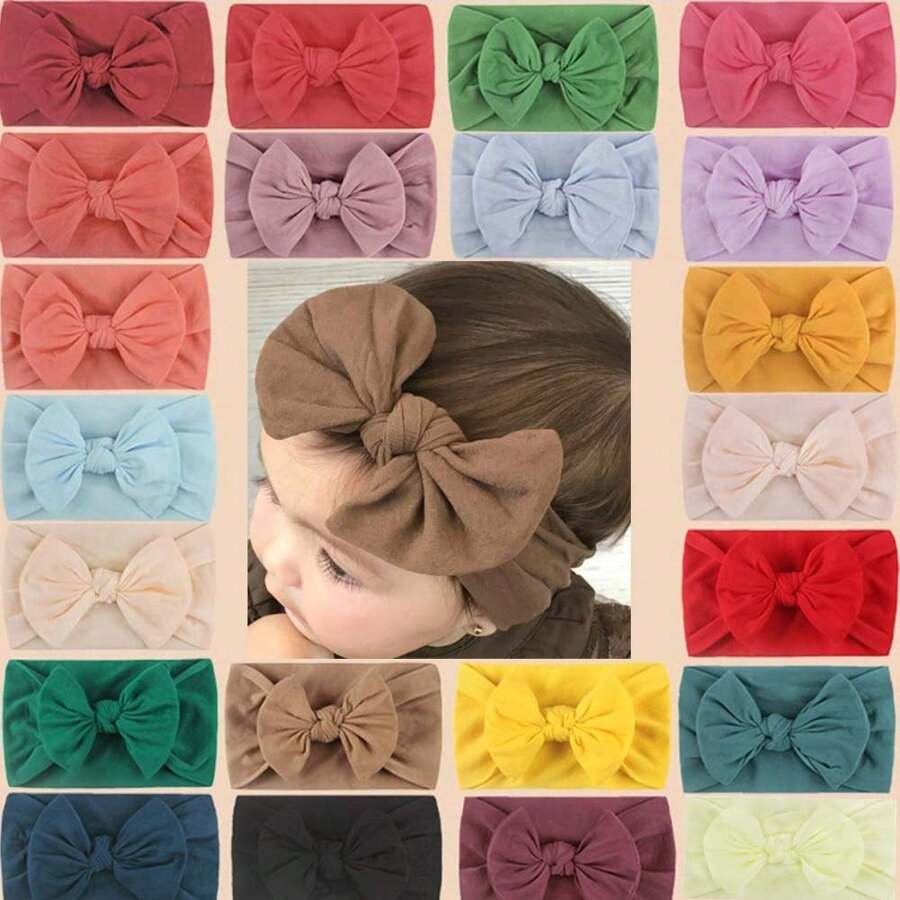 10入組隨機發貨嬰兒髮飾柔軟尼龍蝴蝶結頭帶兒童可愛公主髮箍 - 寶藍色 - 查看 1