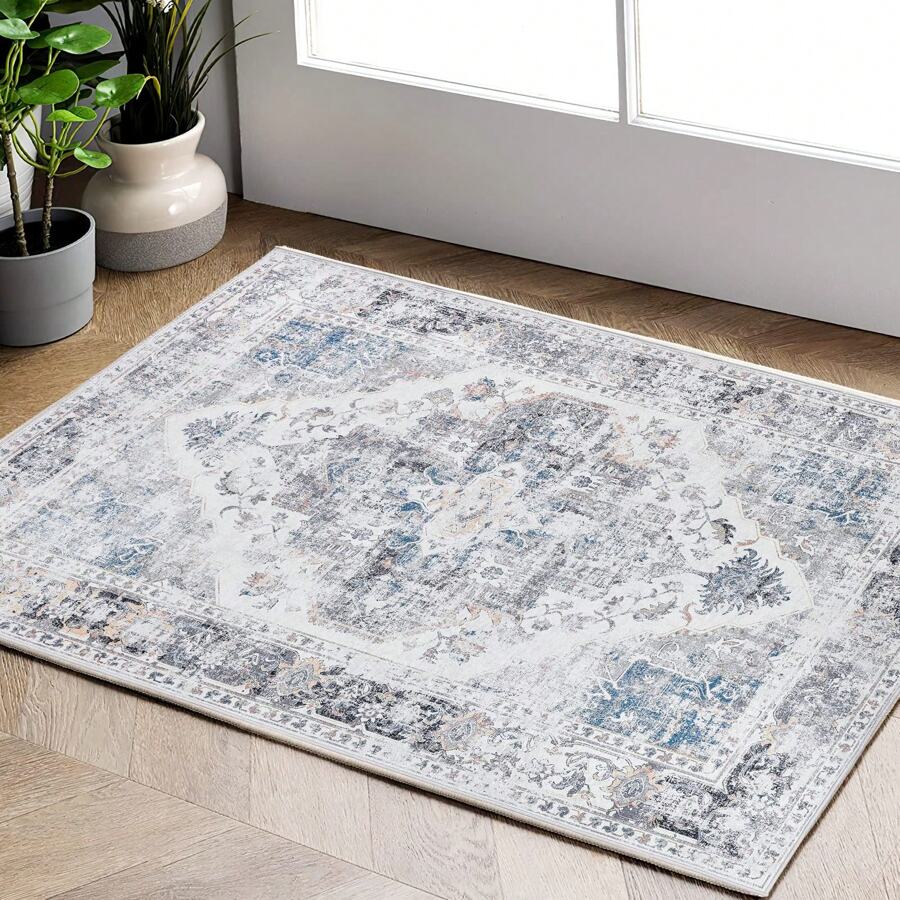 Doormat Entryway Area Rug Vintage Foldable Thin Rug Floor Entrance Mat Chenille Multi Floral Print Distressed Carpet Anti Slip Rug Kitchen Bathroom Dining Room - Grey - View 1