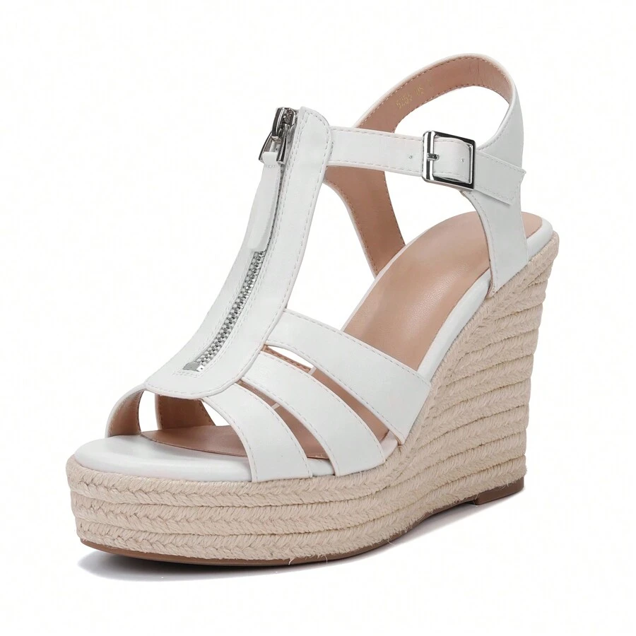 Classic High Heel Platform Wedge Heels For Women Ankle Strap Round Open Toe Summer Platform Dress Sandals Pumps With Zipper Design For Casual Beach Shopping - trắng - Xem 1