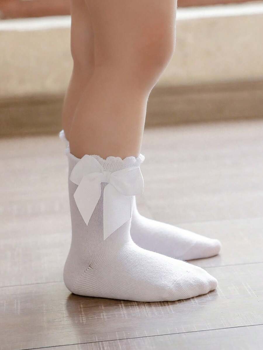 1 双女童/幼儿复古风格大蝴蝶结短袜 - 白色 - 查看 1