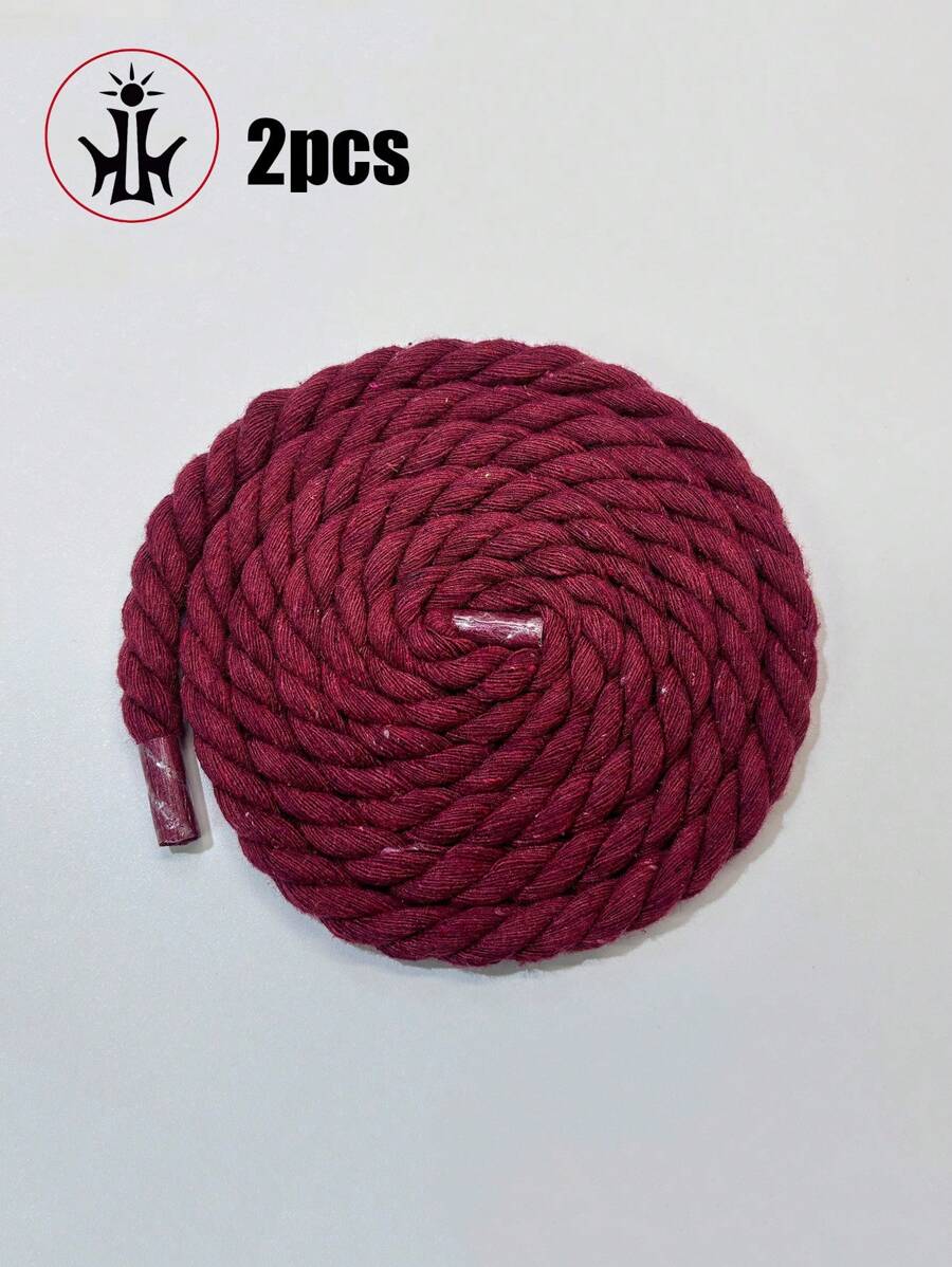 1 Pair Premium 8mm Width Handmade 3-Strand Rope Thick & Linen Shoelaces With Colorful Braided Decoration - Claret - View 1