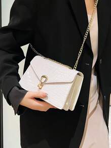 Crocodile Pattern Small Square Bag, Fashionable White Versatile Shoulder Crossbody Bag, Minimalist Style Trapezoidal Compartment Chain Flap Lock Satchel - White - View 4