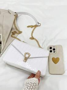 Crocodile Pattern Small Square Bag, Fashionable White Versatile Shoulder Crossbody Bag, Minimalist Style Trapezoidal Compartment Chain Flap Lock Satchel - White - View 6