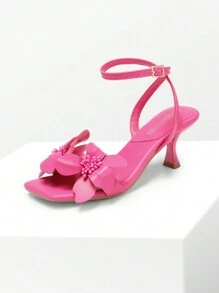 Women Kitten Heeled Sandals With Flower Decor, Elegant Square Open Toe Ankle Strap Summer Sandals For Wedding Party Daily Wearing - 亮粉紅色 - 查看 4