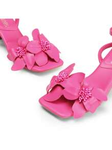 Women Kitten Heeled Sandals With Flower Decor, Elegant Square Open Toe Ankle Strap Summer Sandals For Wedding Party Daily Wearing - 亮粉紅色 - 查看 6