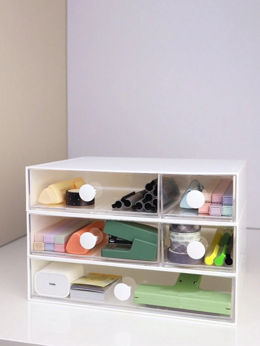 1個極簡白色桌面儲物盒,帶有多個抽屜和手柄,適用於辦公室、書房、宿舍、學生桌子整理 - 白色 - 查看 1