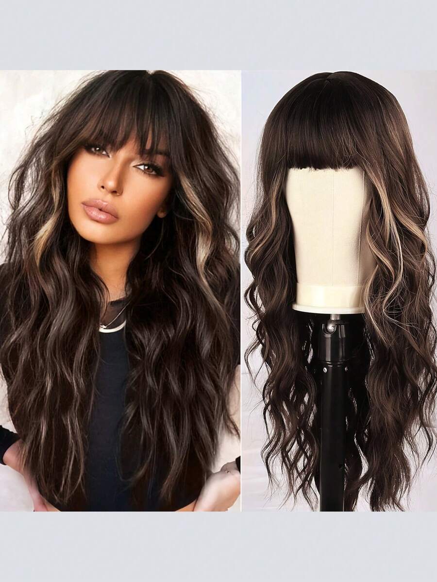 万圣节服装假发合成耐热假发多色棕色 26 英寸长水波纹卷发全机器制造日常使用高品质女士角色扮演自然外观优质合成柔软假发 - 彩色 - 查看 1