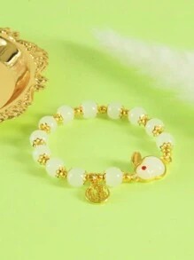 Chinese Character Detail Rabbit Charm Beaded Bracelet