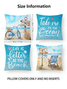 4 Stücke/set Buchstabe & Strandszenerie Kissenbezüge, Moderner Stil Samt Druck Kissenbezug, Heimdekoration Ohne Füllung, Geeignet Für Sofa/schlafzimmer