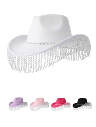 1 szt. Kapelusz dżinsowy w stylu zachodnim dla kobiet, dekoracja ze strasu, ozdoba z frędzlami, kapelusz dla nowożeńców, kapelusz na występ na scenie, kapelusz koncertowy, kapelusz imprezowy, kapelusz dla par kowbojski kapelusz