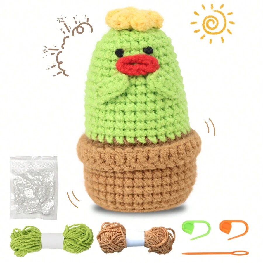 仙人掌可愛的小家夥針織包,針織鉤和紗線diy工藝植物盆栽針織禮物袋,適用於初學者的diy毛氈禮物袋 - 彩色 - 查看 1